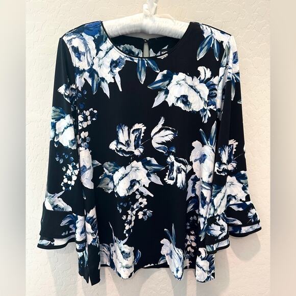 KARL LAGERFELD | Black White Blue Floral Bell Sleeve Blouse Top | Size Medium - Picture 1 of 7